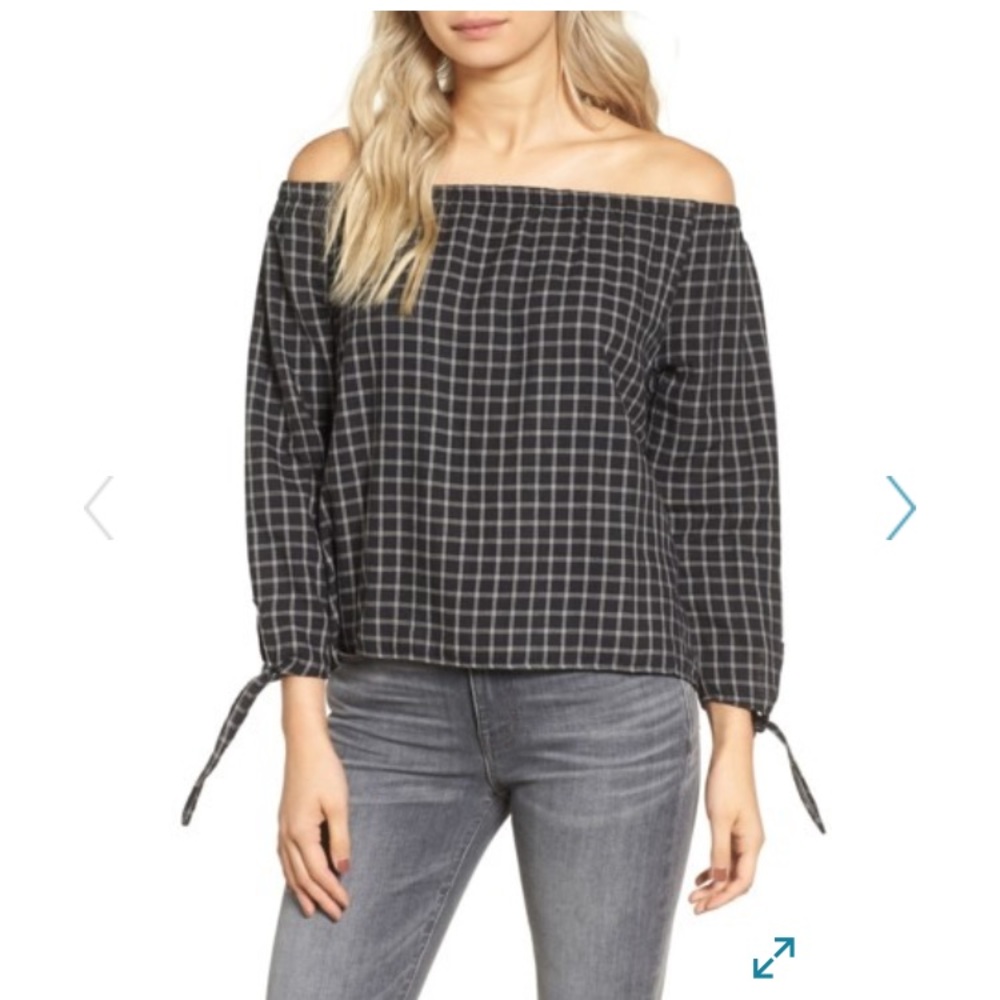 Madewell plaid off the shoulder top blouse